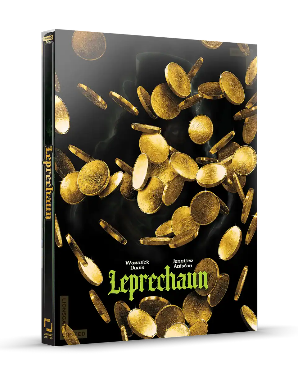 A 3D cover of the film "Leprechaun" featuring gold coins floating in smoky darkness, with the title and actors' names, Warwick Davis and Jennifer Aniston, on the front.
