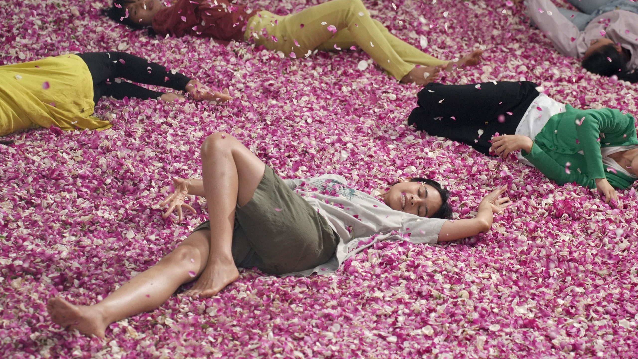 Five people lie on a surface covered with pink and white flower petals. They are spread out, eyes closed, with relaxed postures and petals falling around them.