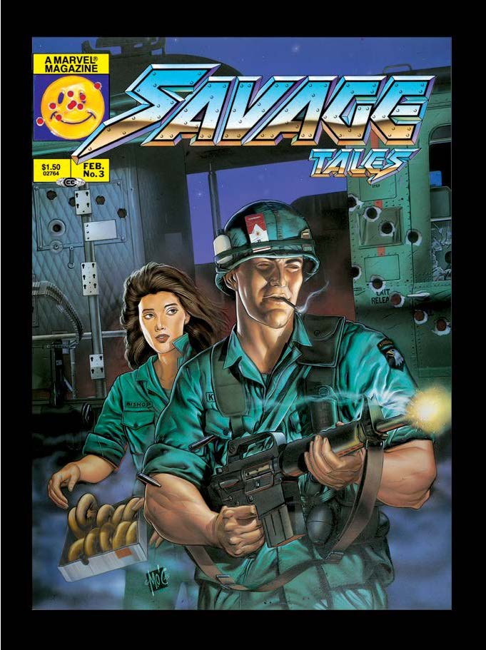 A comic book cover titled "Savage Tales" shows a serious-looking soldier with a gun and a nurse holding medical supplies, set against a backdrop of military equipment.