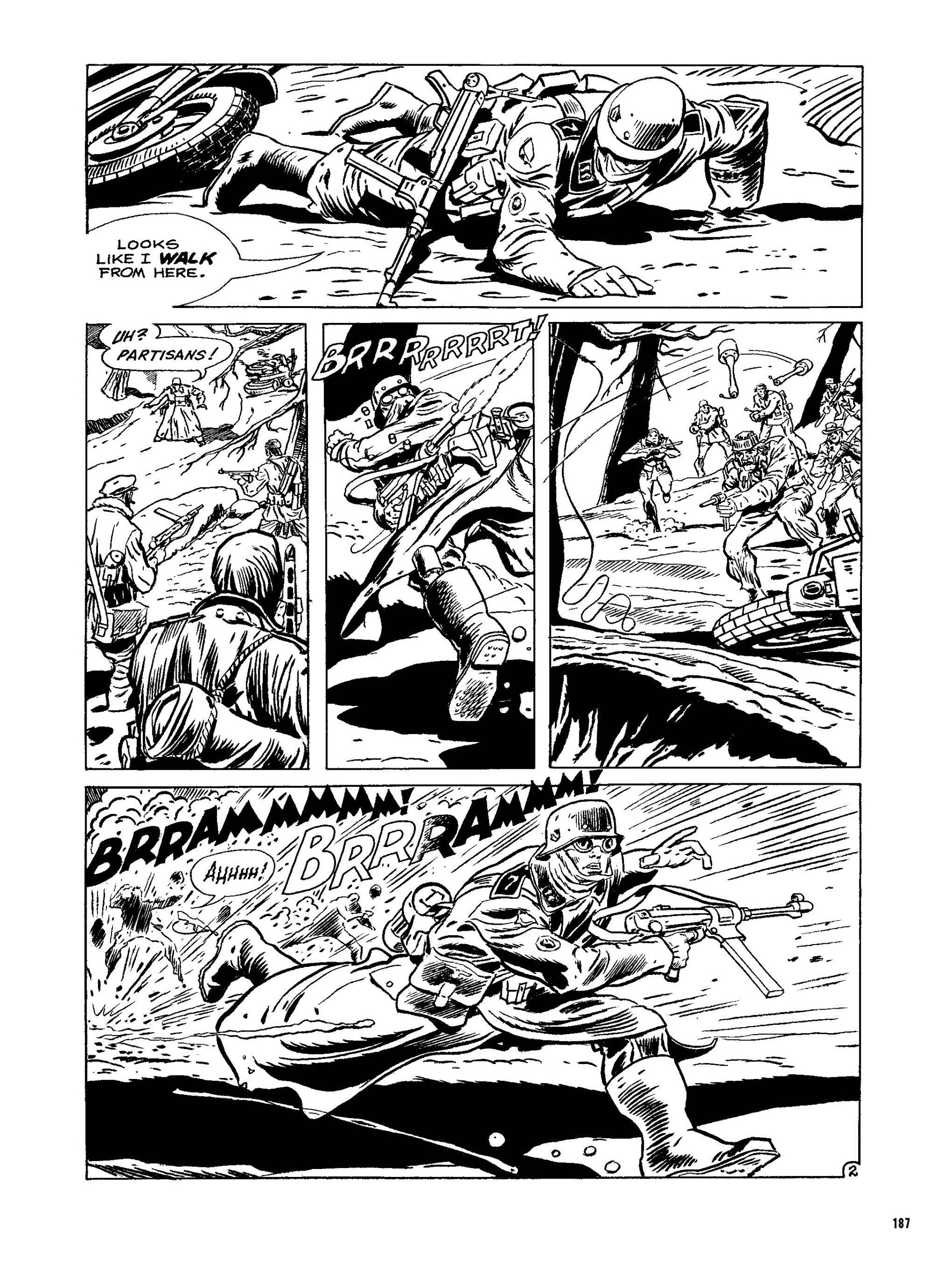 A soldier crawls near a motorcycle, then fires a machine gun at advancing figures, who return fire and hit him as he runs.