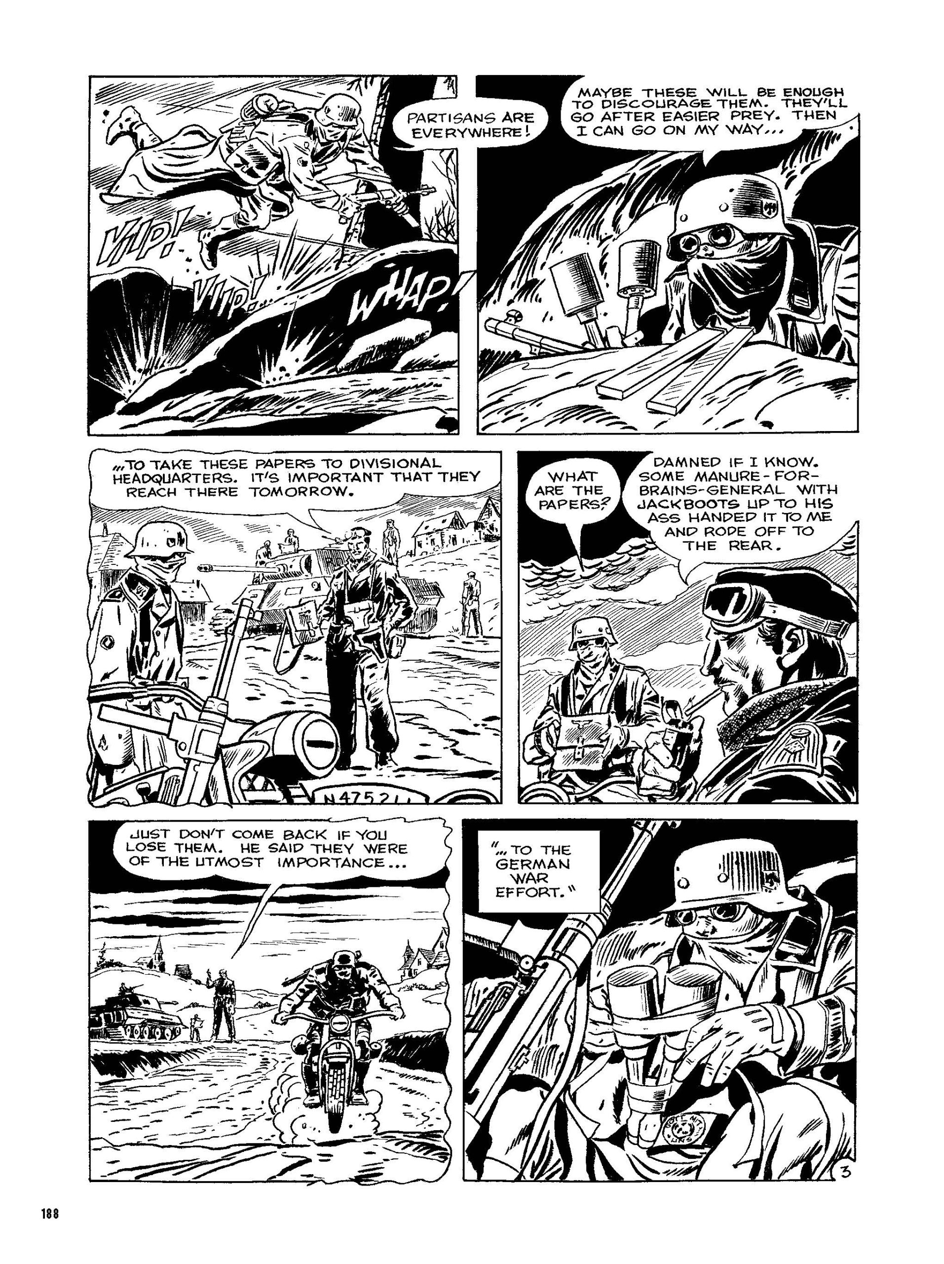 A black-and-white comic page depicts soldiers on motorcycles exchanging papers and discussing partisans, with action scenes and dialogue about delivering documents.
