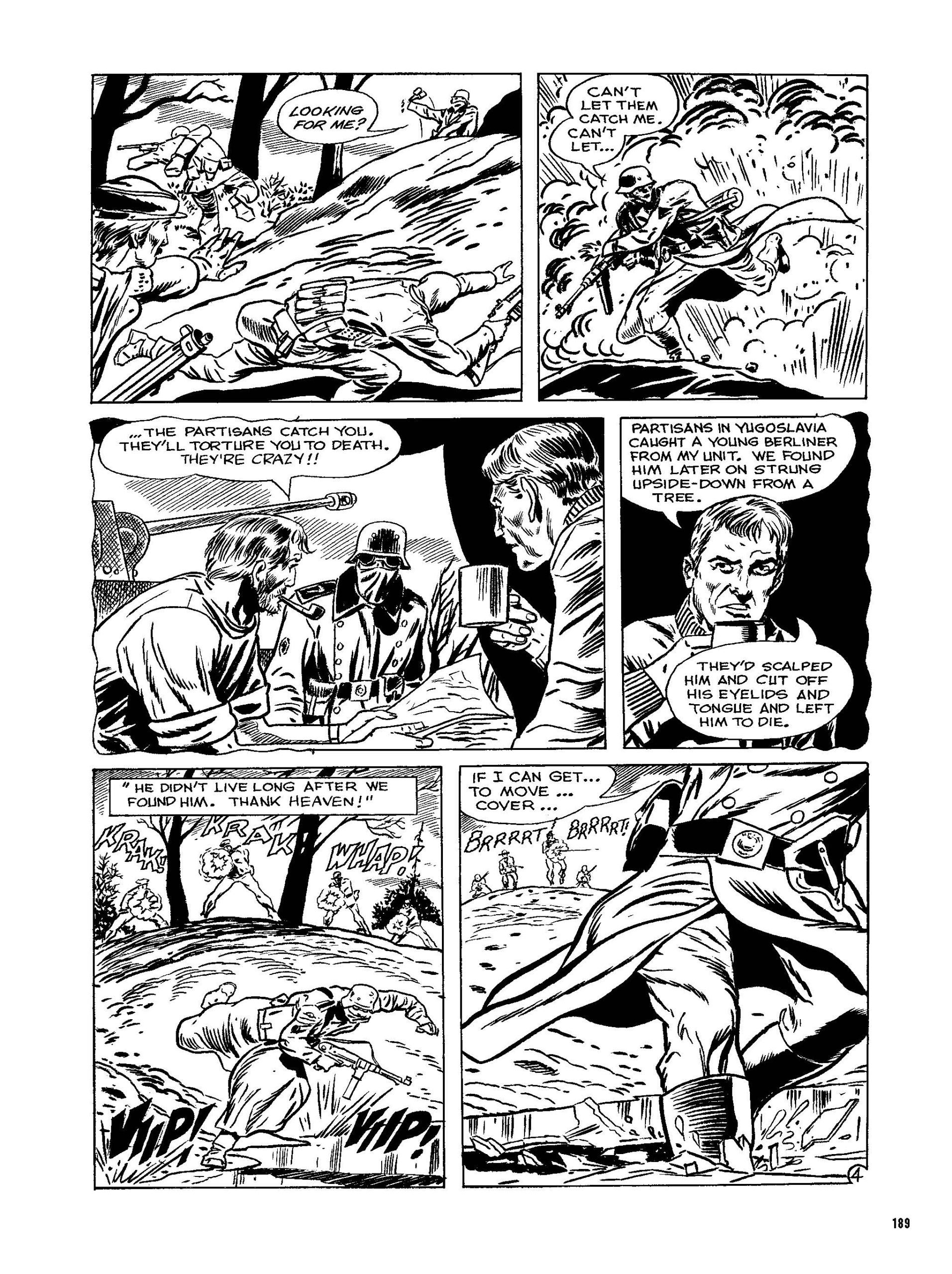 A black-and-white comic page shows soldiers in combat, discussing risks of capture; one injured soldier is rescued as gunfire erupts in the final panels.