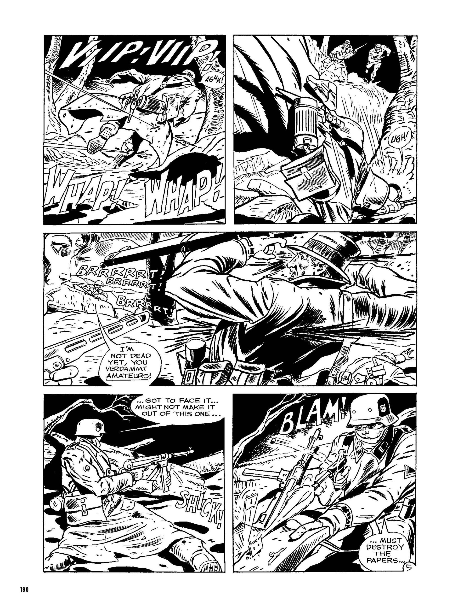 A black and white comic page shows a soldier in combat, firing a machine gun, dodging bullets, and planning to destroy papers to keep them from the enemy.