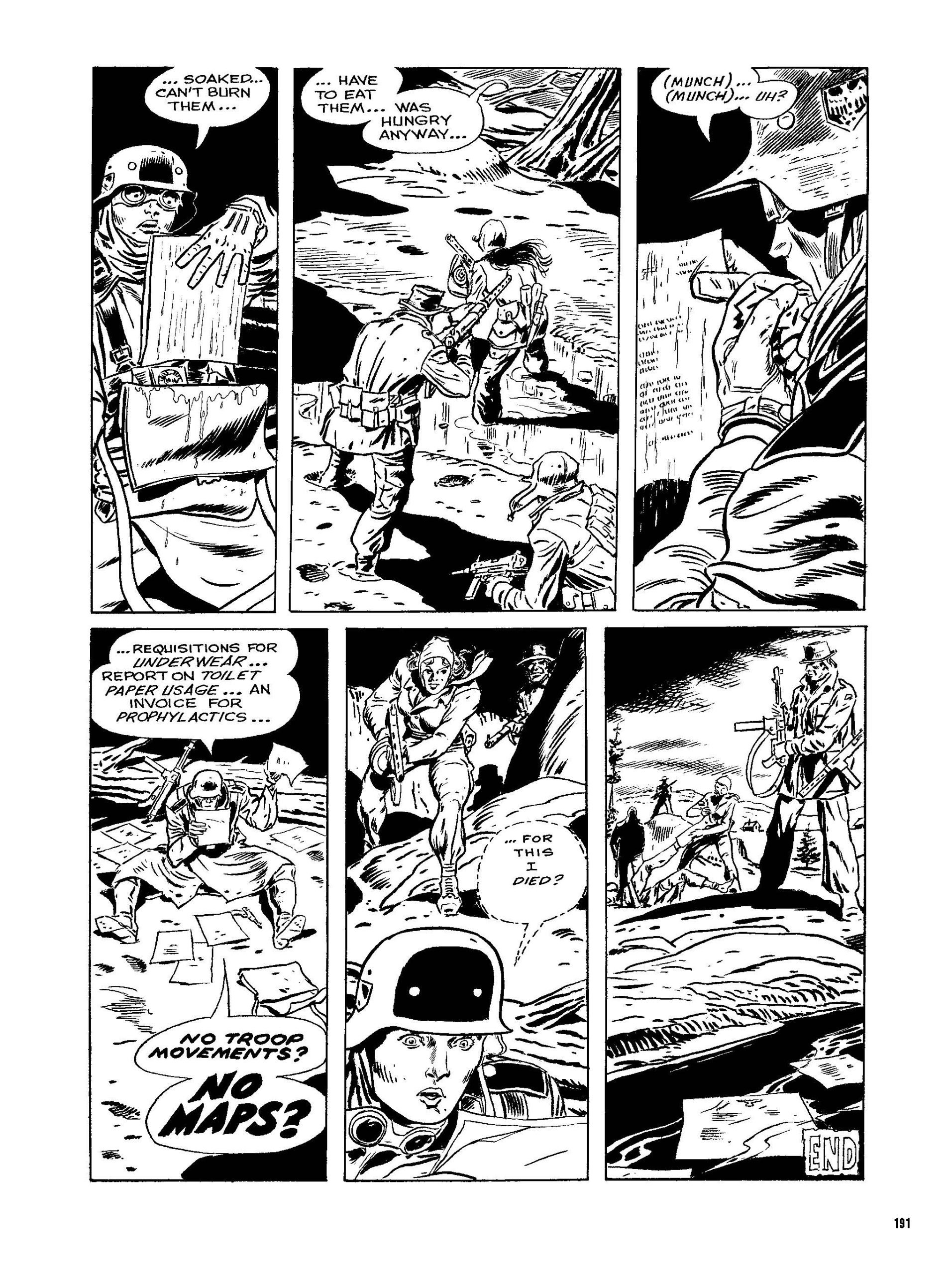 A soldier eats while another searches bodies and finds papers; they discuss requisitions and troop movements as the scene ends with "The End" in a war setting.