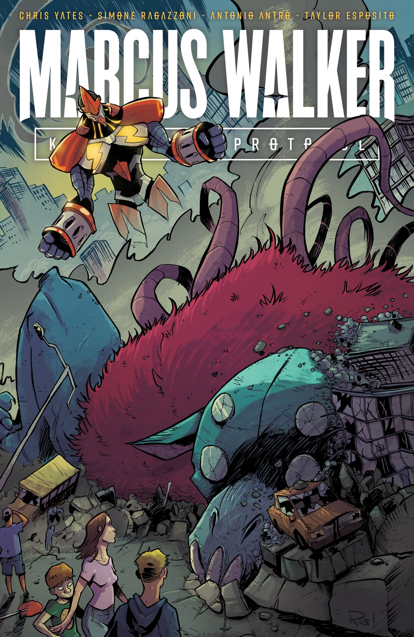 Comic book cover showing a giant red monster defeated in a city, people observing, and a robot-like hero floating above. Title at top reads "Marcus Walker: Kaiju Proto.