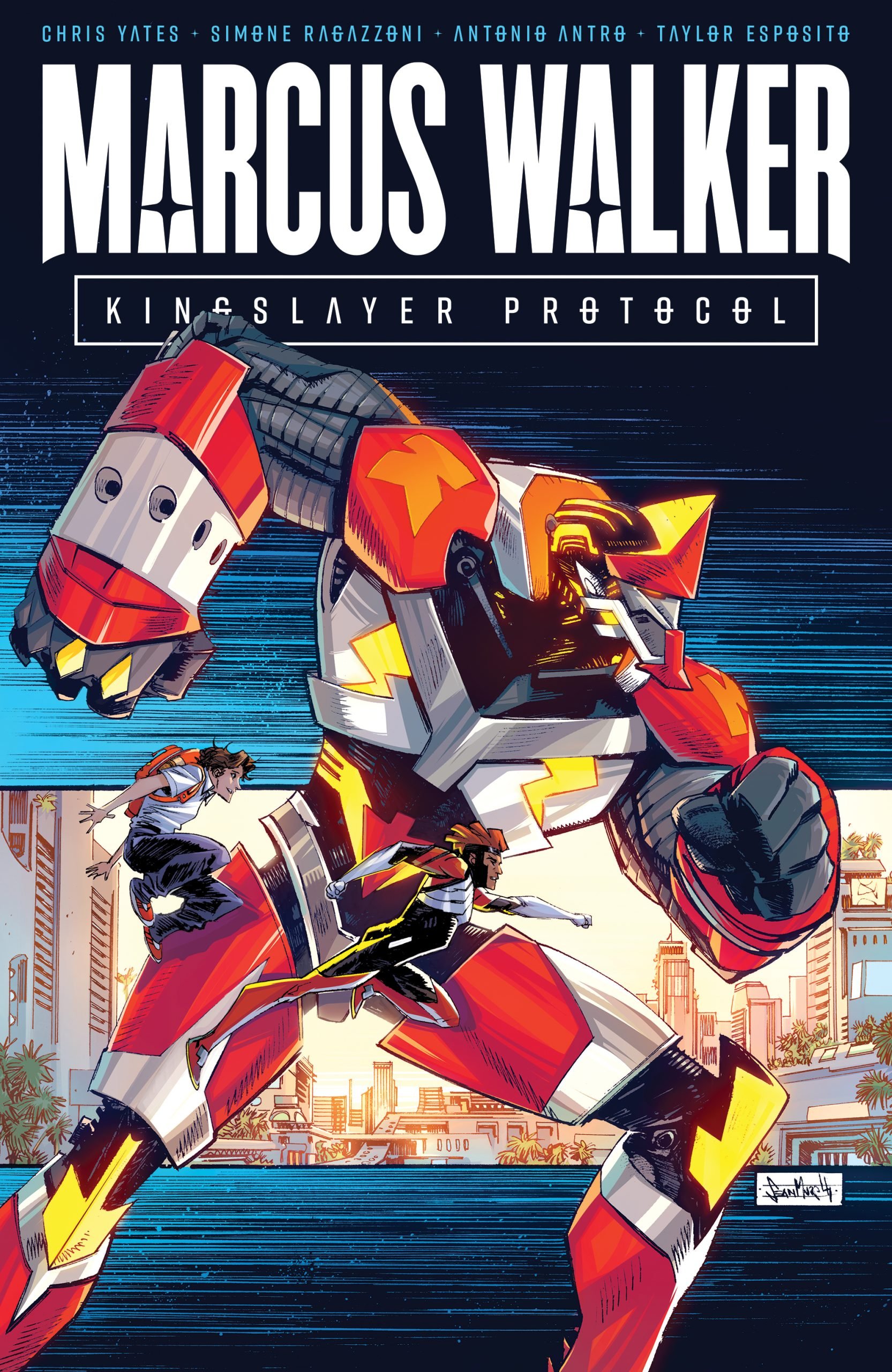 A giant red and yellow robot battles a figure in futuristic armor in a cityscape, beneath the title "Marcus Walker: Kingslayer Protocol.