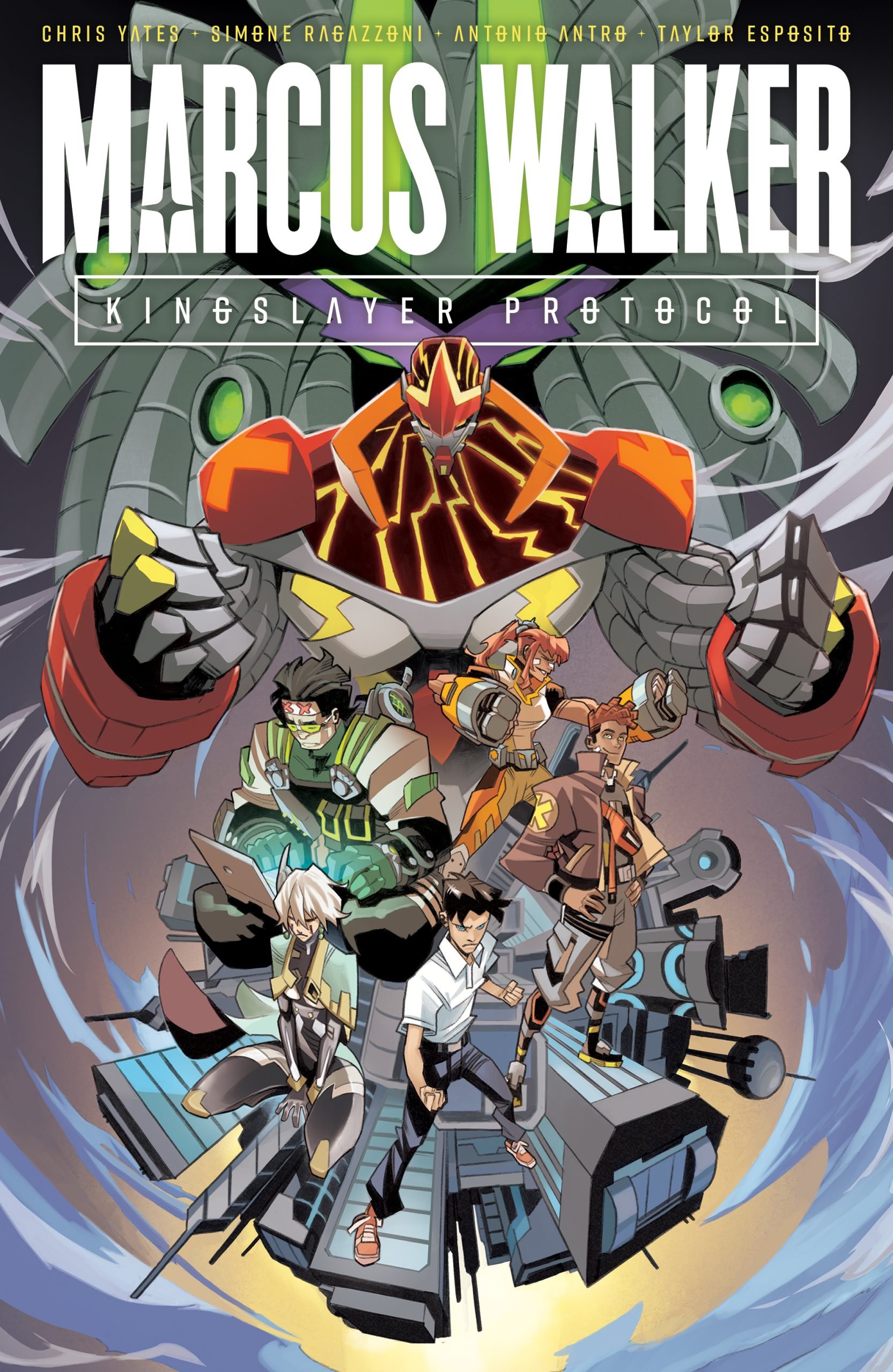 Comic book cover showing five characters in dynamic poses in front of a large robot with glowing eyes and armor. Title reads “Marcus Walker: Kingslayer Protocol.”.