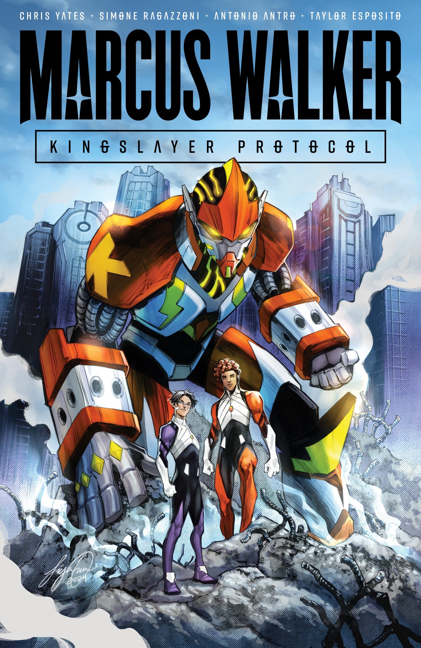 Comic book cover showing a giant armored robot behind two people in futuristic suits standing on cracked ground, with tall city buildings in the background. Text reads "Marcus Walker: Kingslayer Protocol.