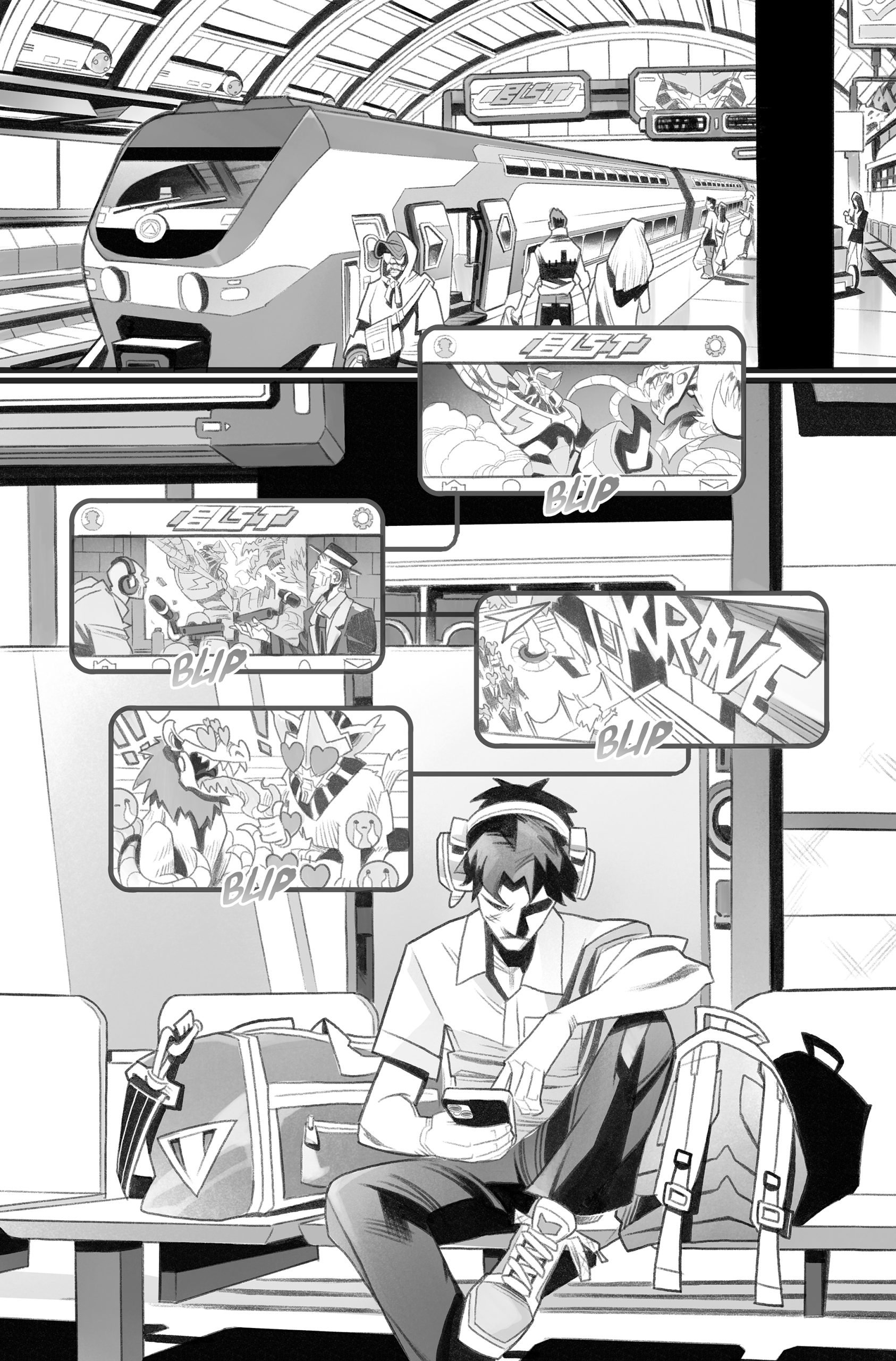 A man with headphones sits on a bench in a train station, looking at his phone. Luggage sits beside him. Comic panels show an action scene from what he’s watching or reading.