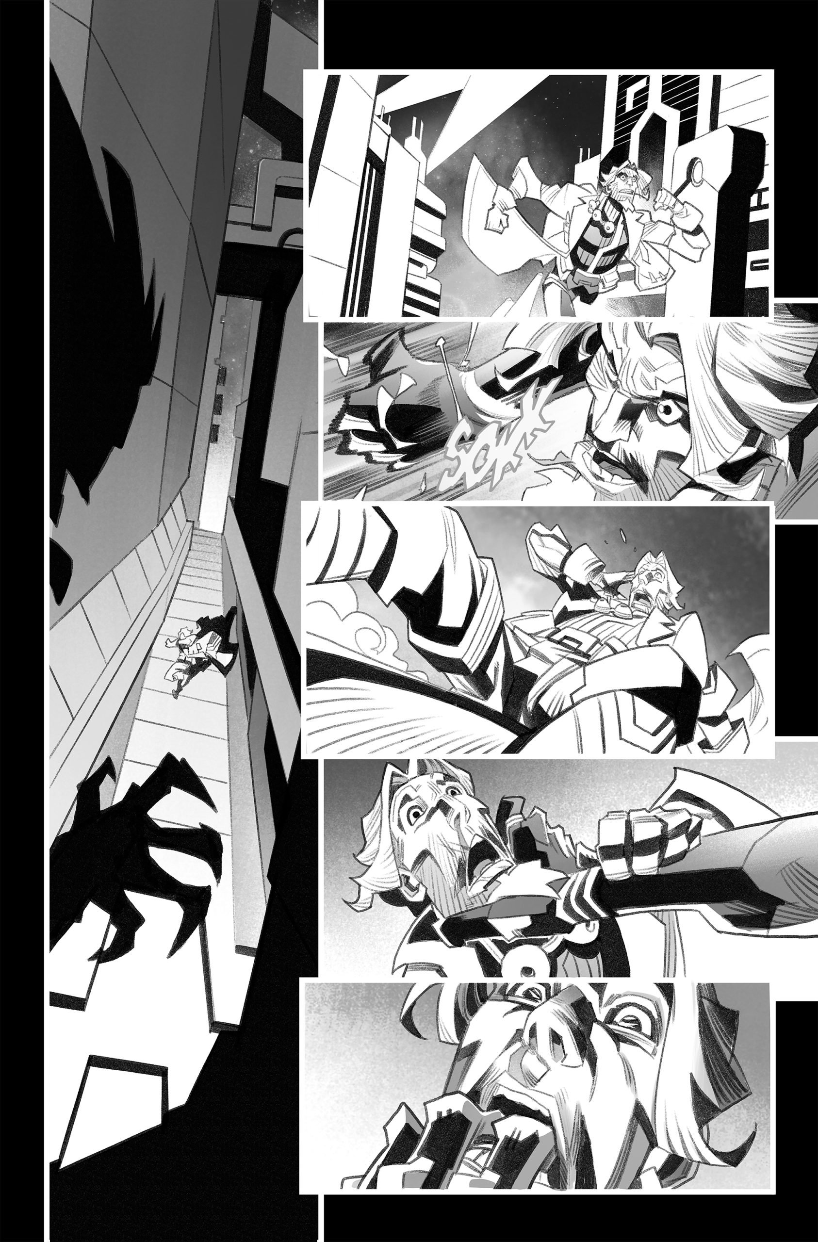 A sequence of comic panels shows a bearded man fighting and being knocked off a ledge by a shadowy figure, then falling and reacting in fear as the figure approaches.