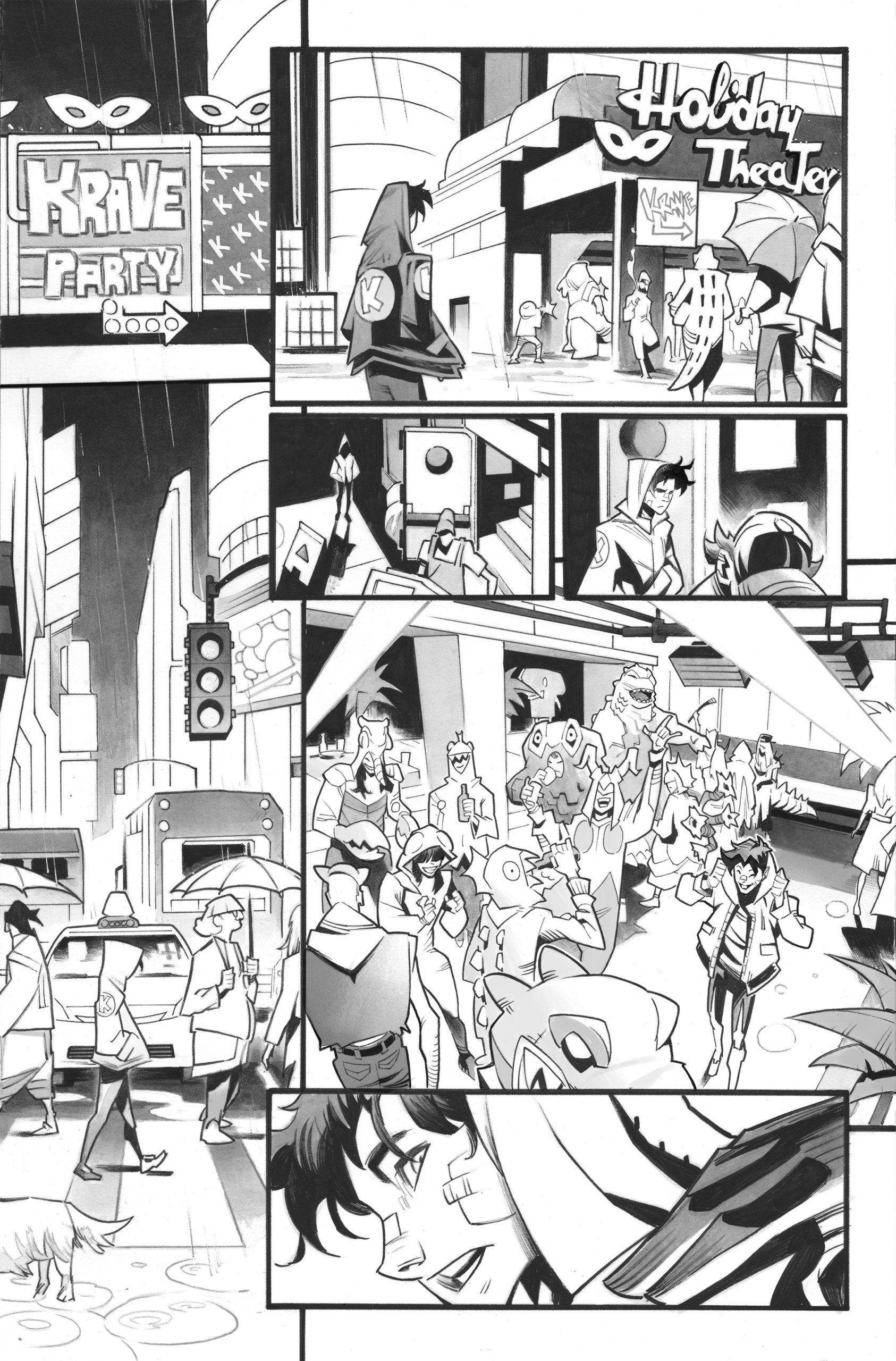 Comic-style city scene with masked figures, busy streets, a “Krave Party” sign, people in costumes, and a young man with a bandaged face walking through a rainy urban environment.