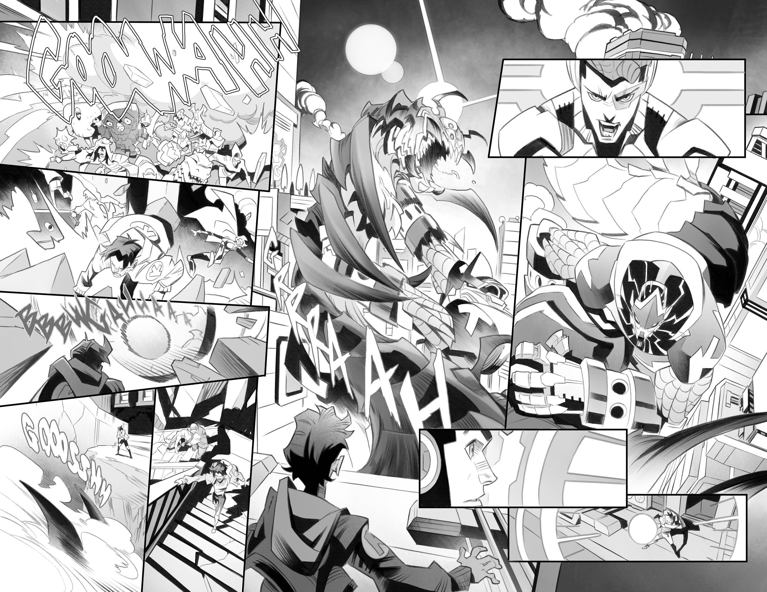 Black-and-white comic page shows a futuristic battle between armored heroes and a dragon, with dynamic action scenes, sound effects, and dramatic expressions.