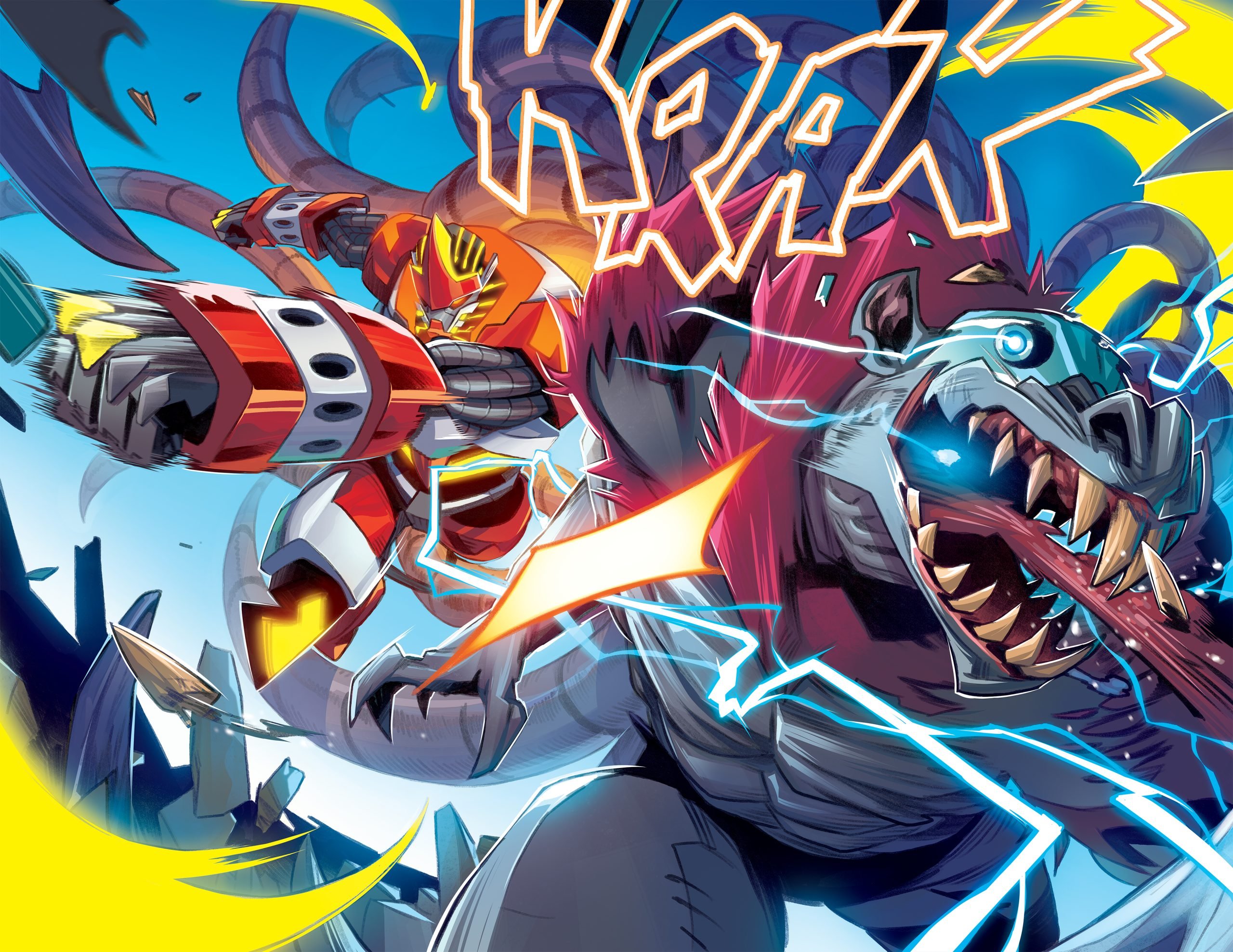 A robotic warrior punches a large, snarling monster amid bright energy bursts, debris, and the onomatopoeia "KRASH" in bold letters.