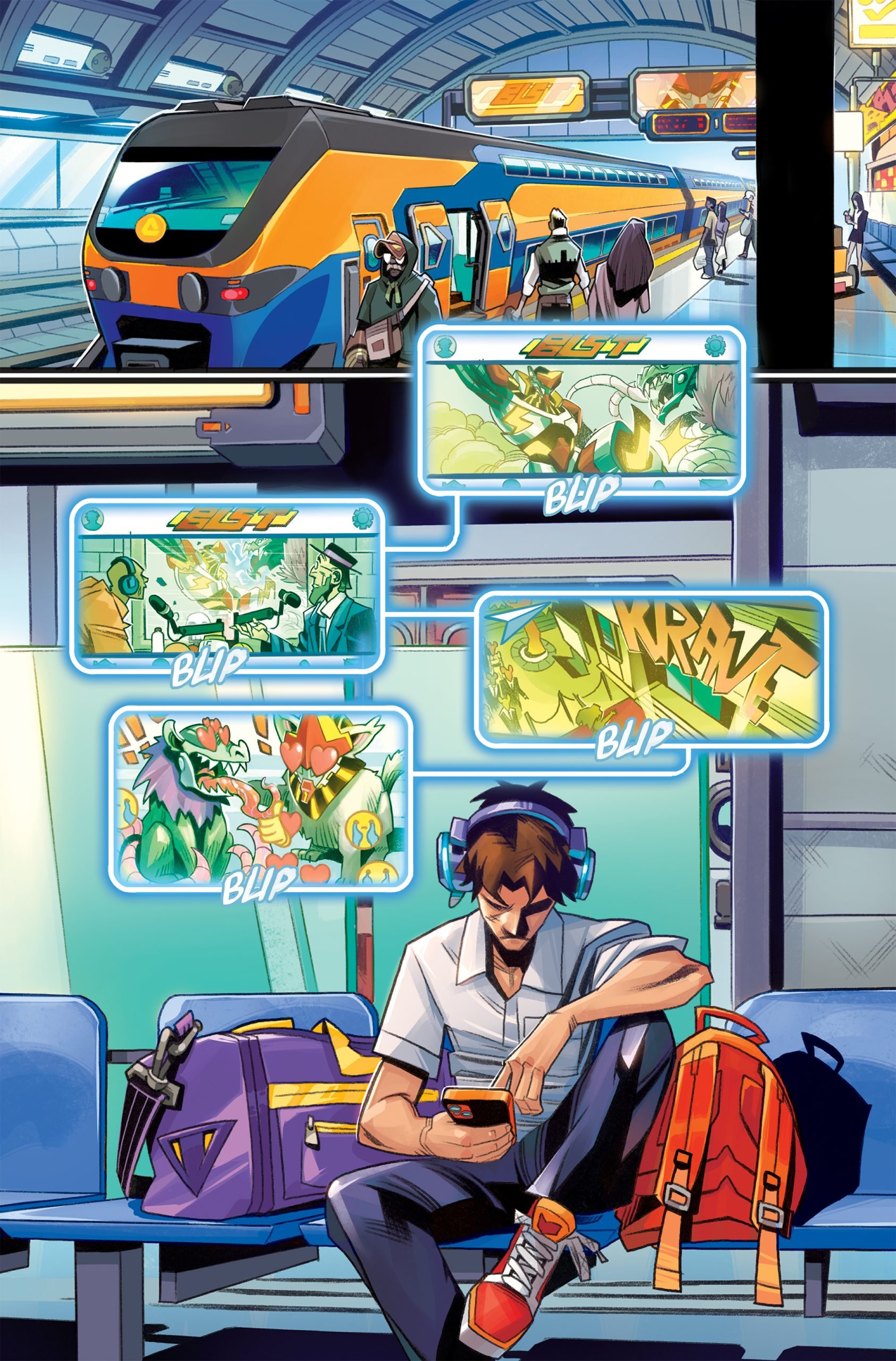 A man wearing headphones sits at a train station using a handheld device, with backpacks beside him and comic-style video game scenes displayed above.