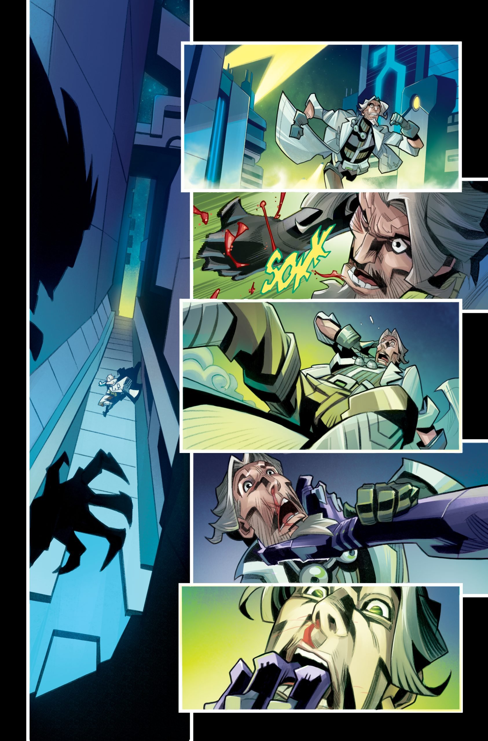 A person in armor is chased through a futuristic corridor and attacked by a shadowy figure, resulting in fear and injury.