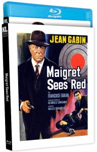 Blu-ray case for the film "Maigret Sees Red" featuring artwork of a man in a hat holding a gun, another man lying down, and a target in the background.
