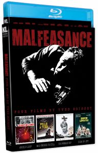 Blu-ray box set titled "Malfeasance: Four Films by Yves Boisset" featuring a black-and-white image of a man and covers of the four included films at the bottom.