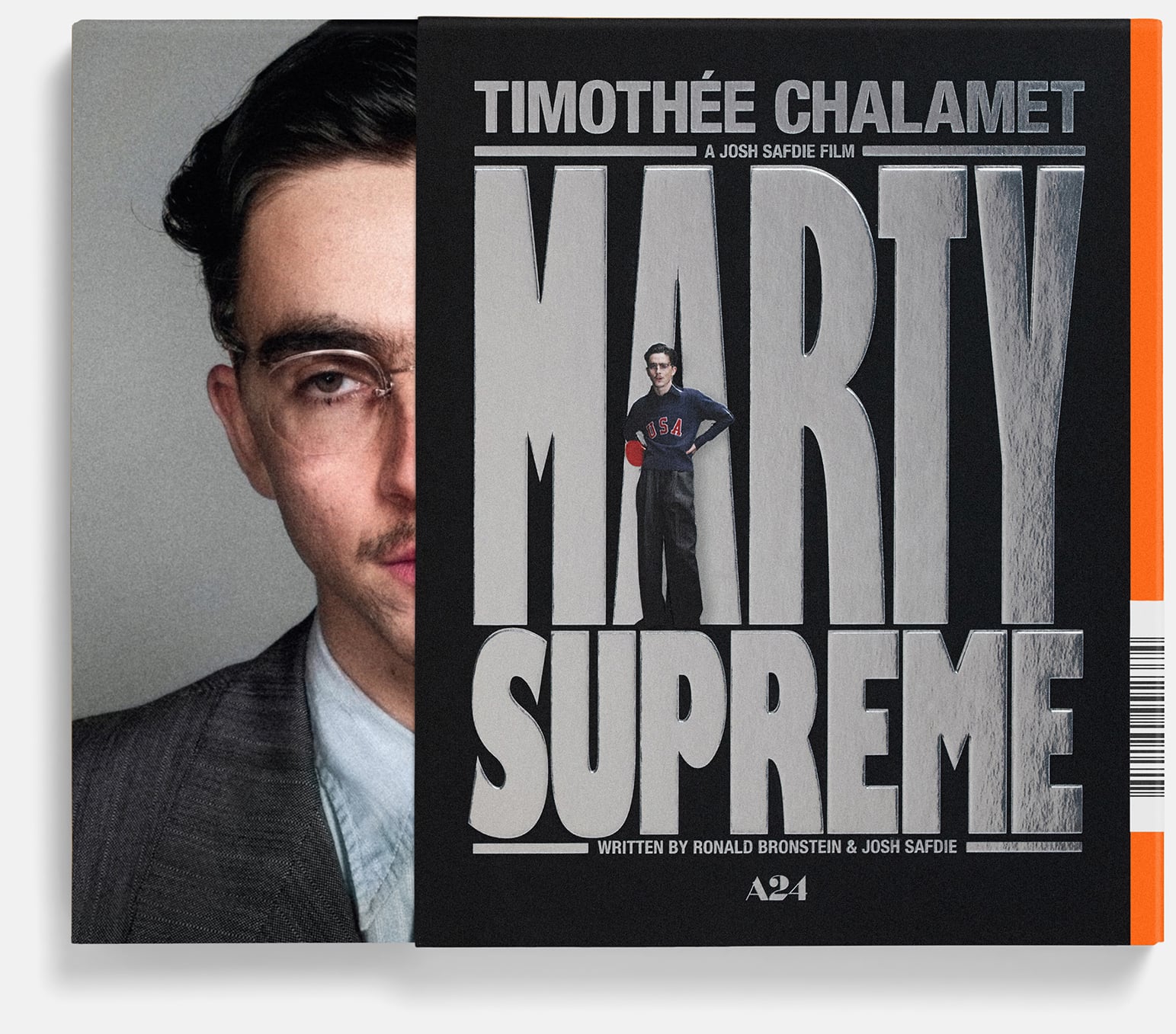 A book is placed to align the cover image of a man with a portrait, creating a composite face; the book cover reads "Timothée Chalamet, Marty Supreme, A24.