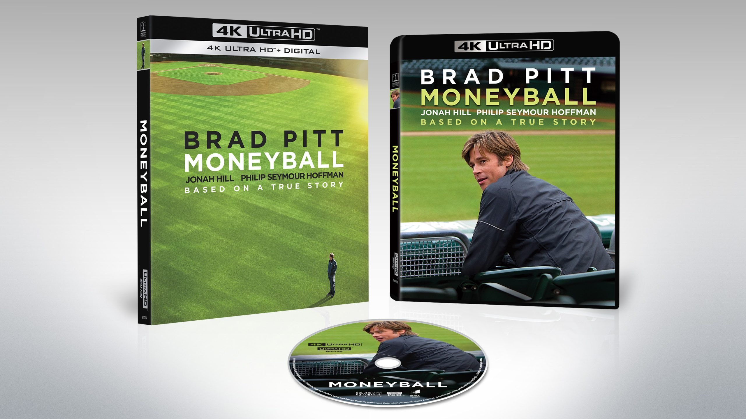 4K Ultra HD set of "Moneyball" featuring Brad Pitt on the cover and disc, along with the tagline "Based on a true story.