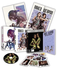 A collector's edition set of "Naked Weapon" including Blu-ray, DVD, case, booklet, posters, and photo cards, all featuring illustrated action-themed cover art and film stills.