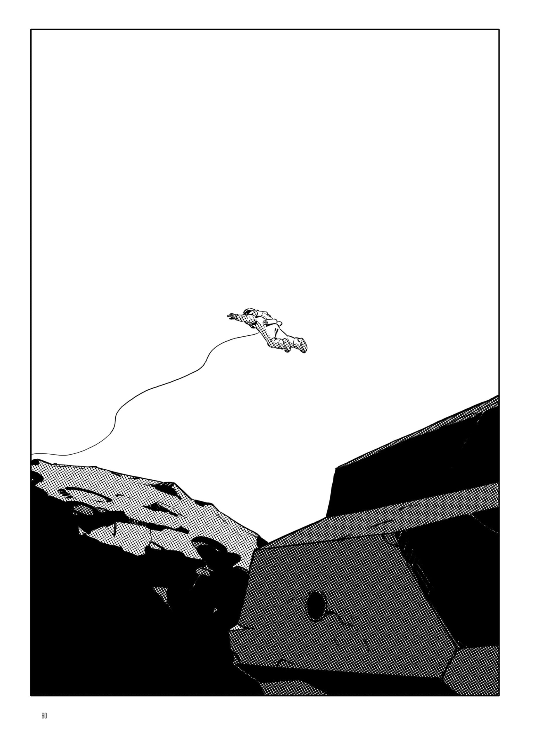 An astronaut tethered to a cable floats above a rocky, shadowed landscape with a large, angular structure in the foreground.