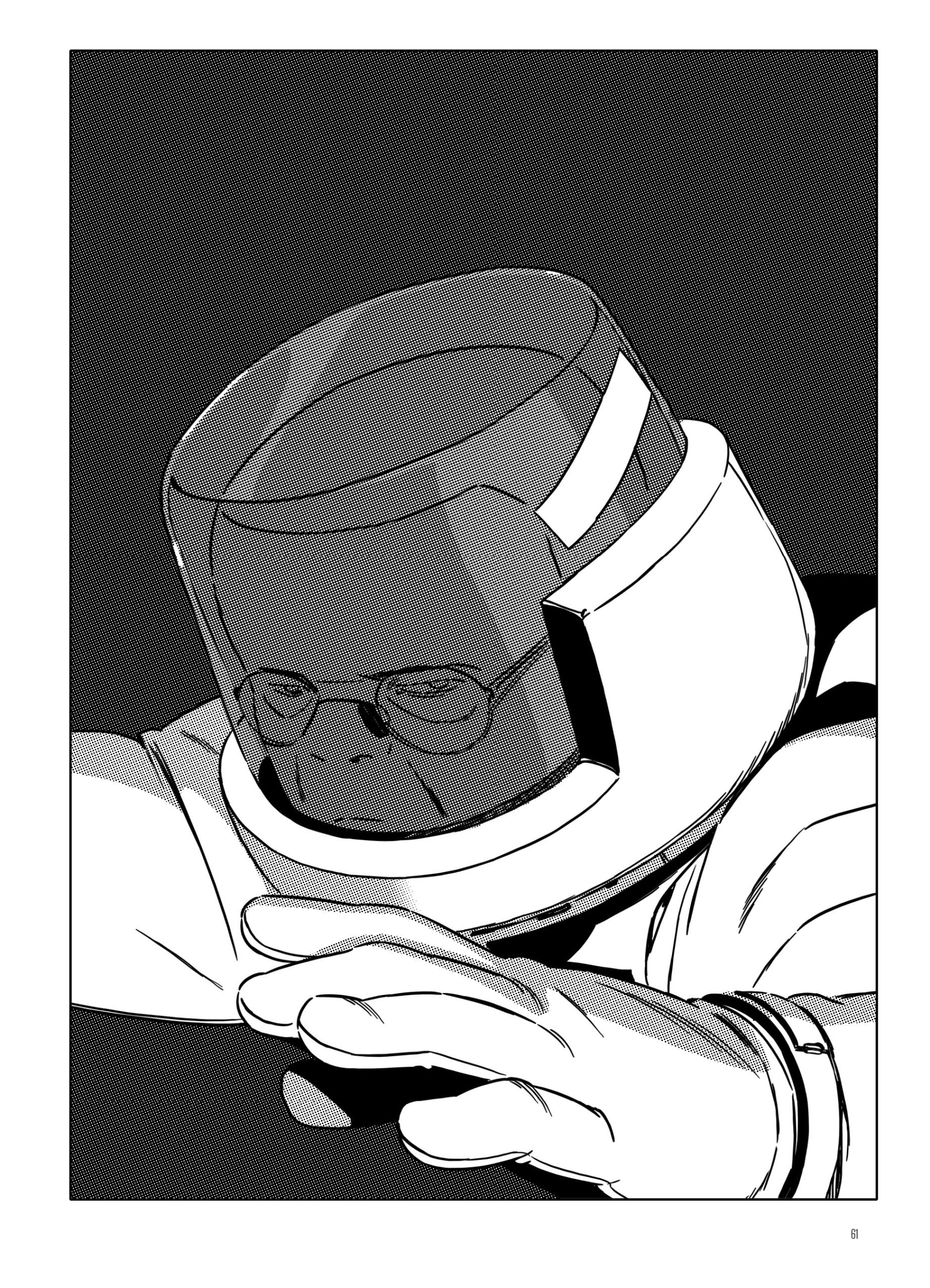 A person wearing glasses is inside a spacesuit, with their hands raised and visible, depicted in black and white line art.