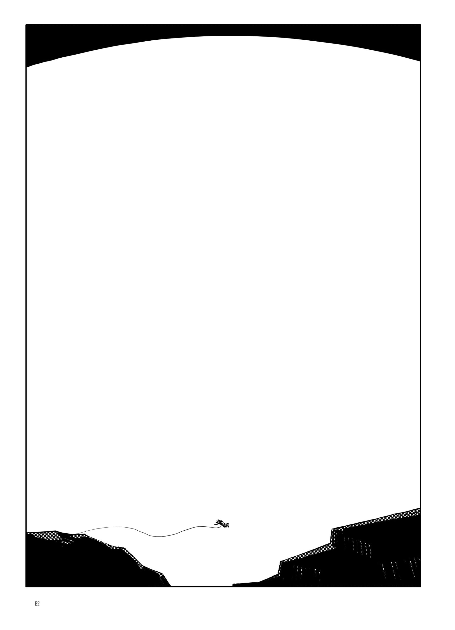 A small figure with a long trailing line moves between two dark, angular landforms at the bottom of a mostly empty white space.