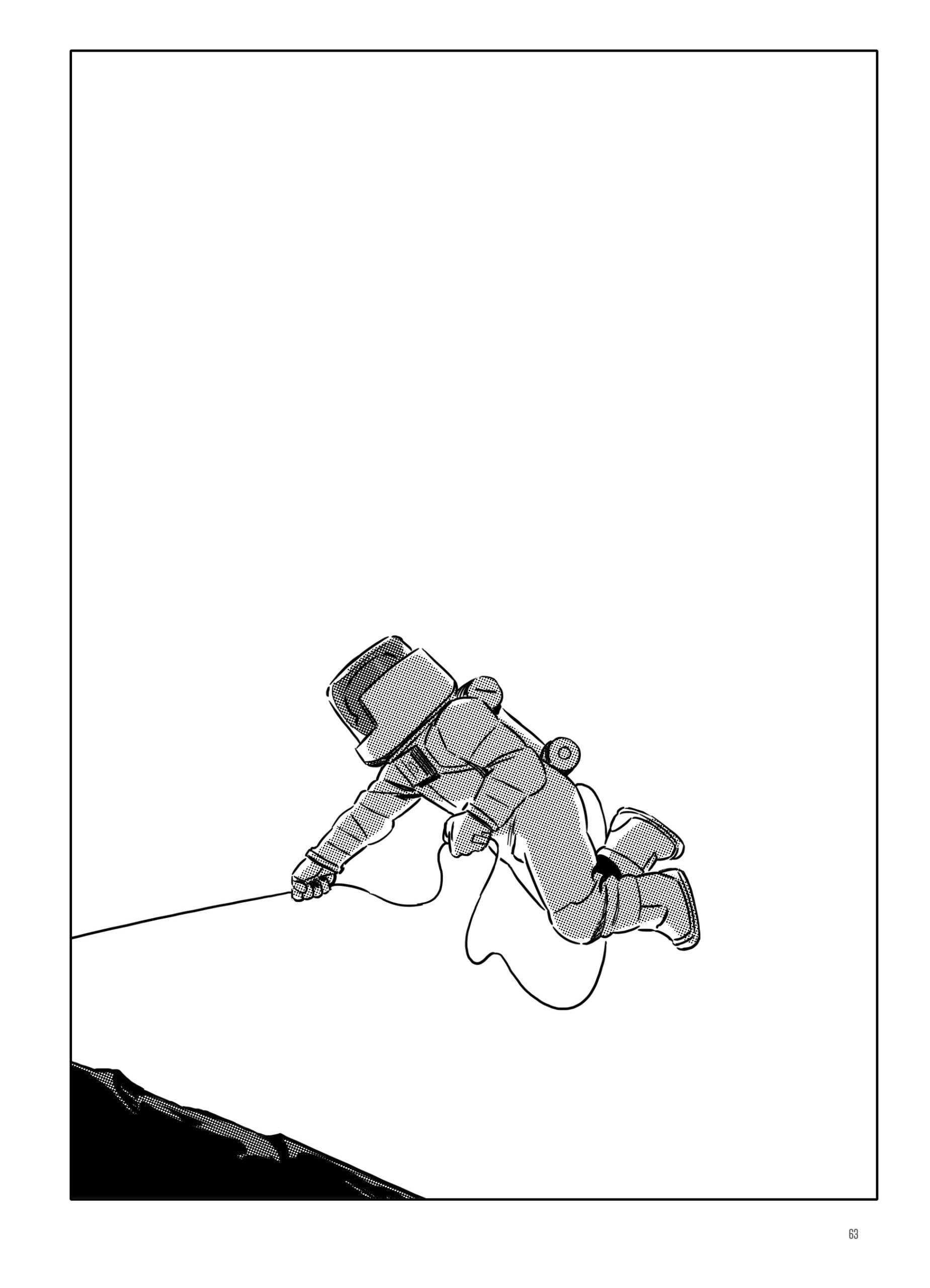 An astronaut in a spacesuit is suspended by a rope, descending toward a rocky surface against a white background.