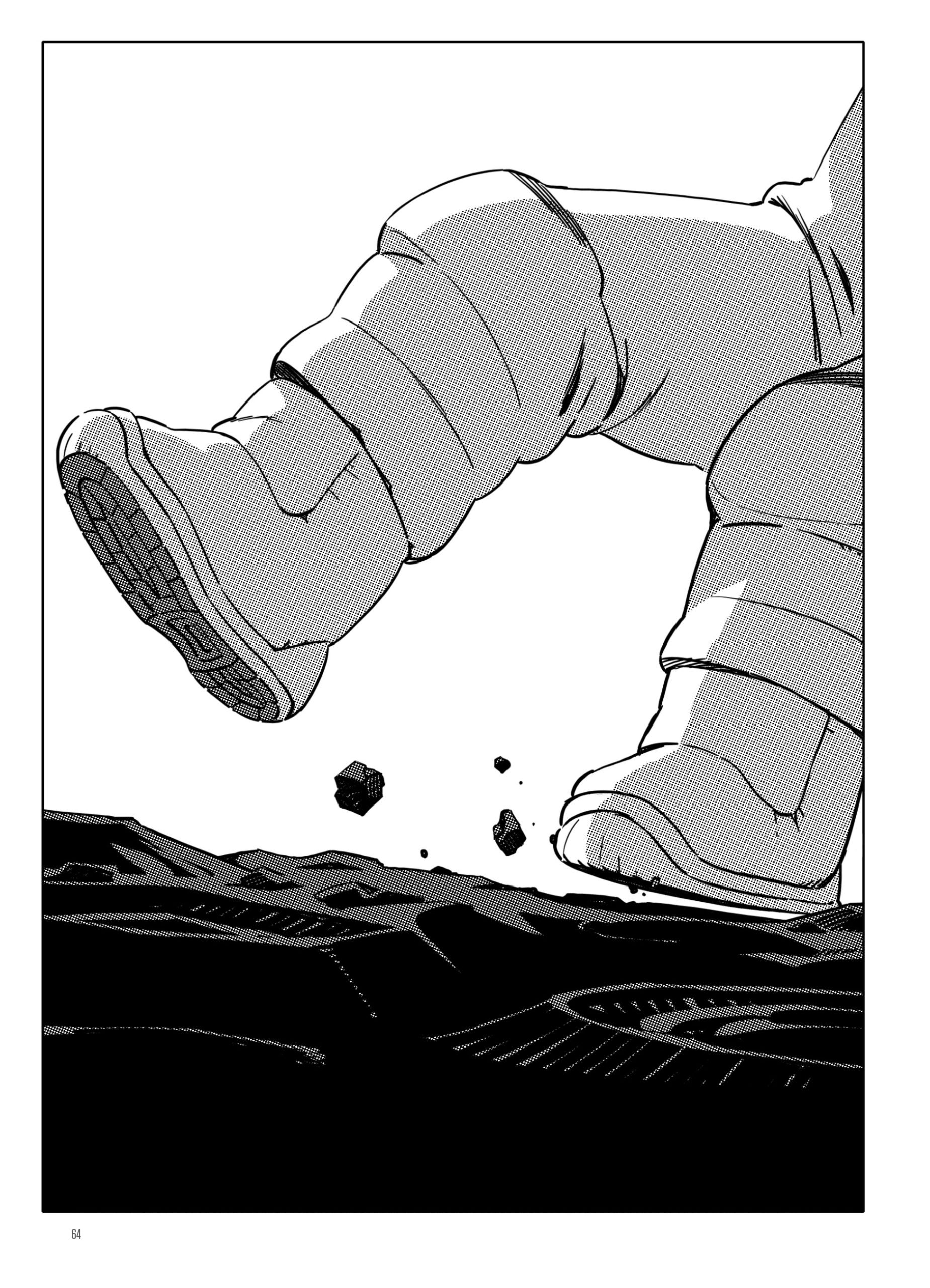 A person in a spacesuit takes a step on a rocky surface, with small rocks and dust rising from the ground.