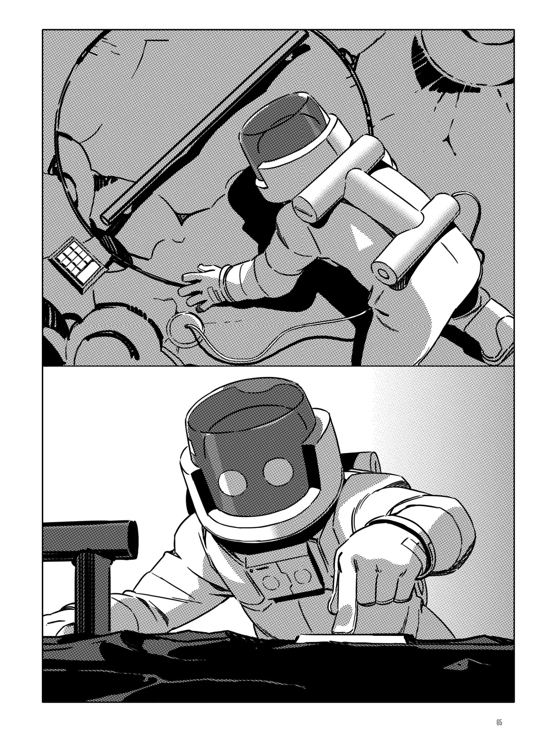 A person in a spacesuit interacts with equipment in two comic-style panels: reaching toward a control panel in the first, and pointing downward in the second.