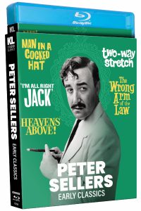 Blu-ray box set of "Peter Sellers Early Classics" featuring titles and a black-and-white photo of Peter Sellers holding a cigarette against a green background.