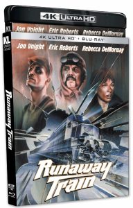 4K Ultra HD Blu-ray cover of "Runaway Train" featuring illustrated portraits of three characters above a speeding train. Actor names and film title are prominently displayed.