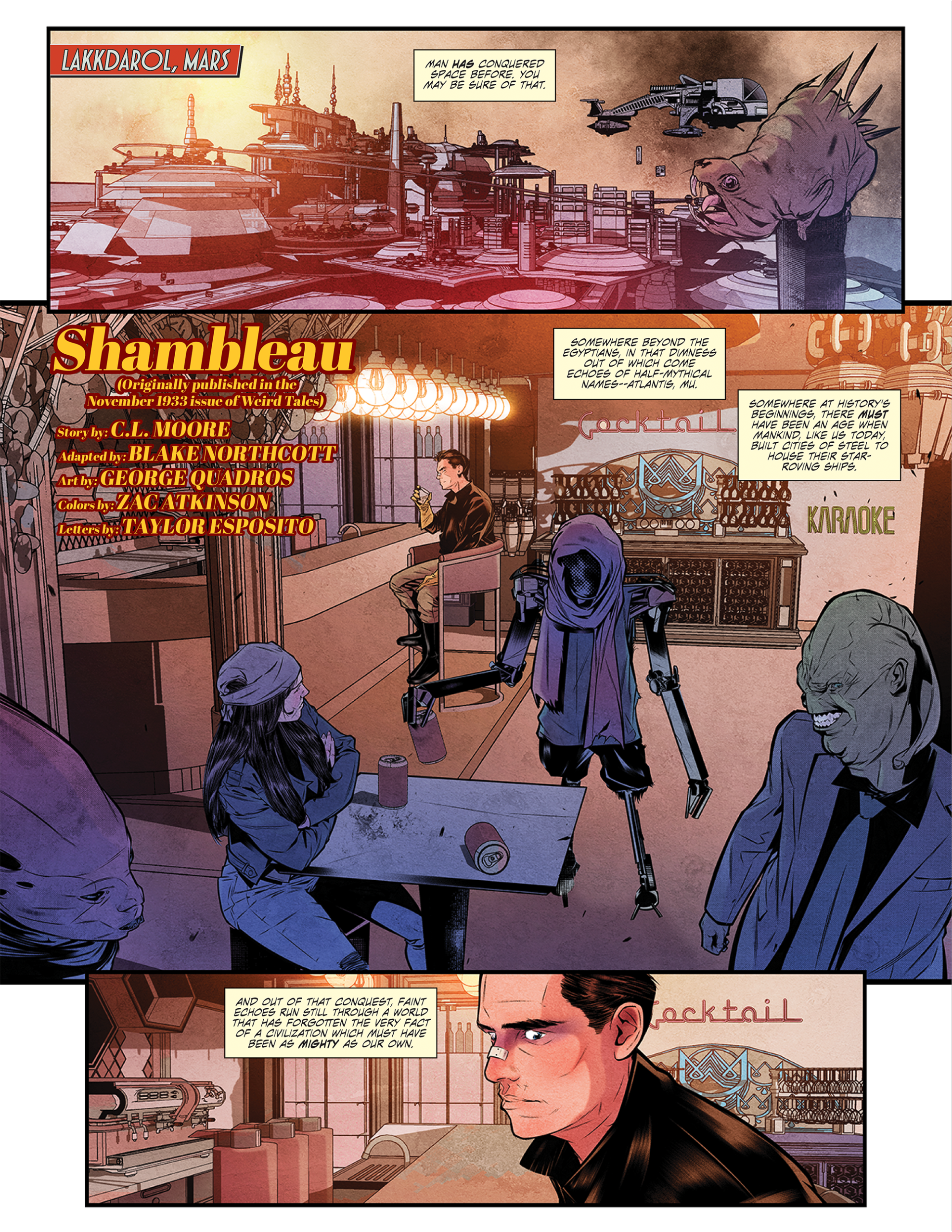 A futuristic Mars bar with various humanoid and alien patrons, including a woman in a cap, a robot, and a bartender, set against a sci-fi cityscape.