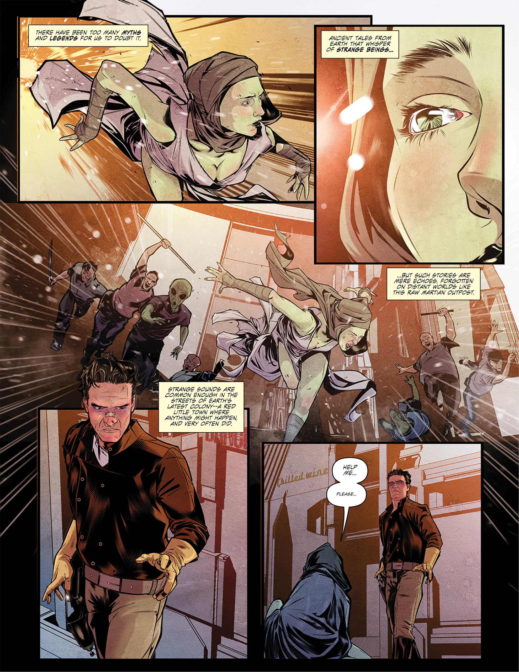 A woman with green skin and a hood jumps through a window as people chase her; a close-up of her face and a man in gloves yelling “Hey! Wait!” are also shown.