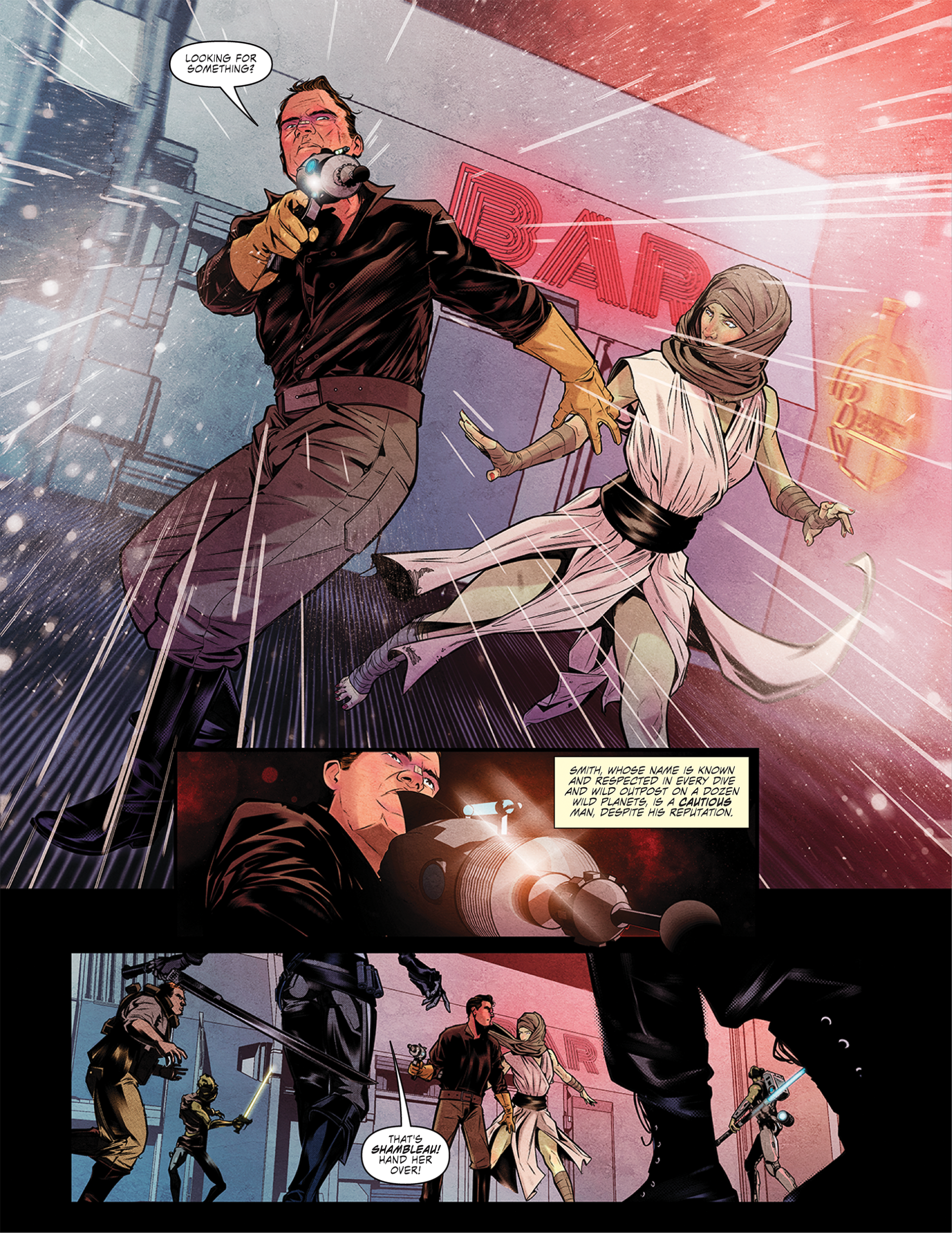 A man with a gun grabs a masked woman by the arm outside a neon-lit bar at night, as snow falls and another person approaches from behind.