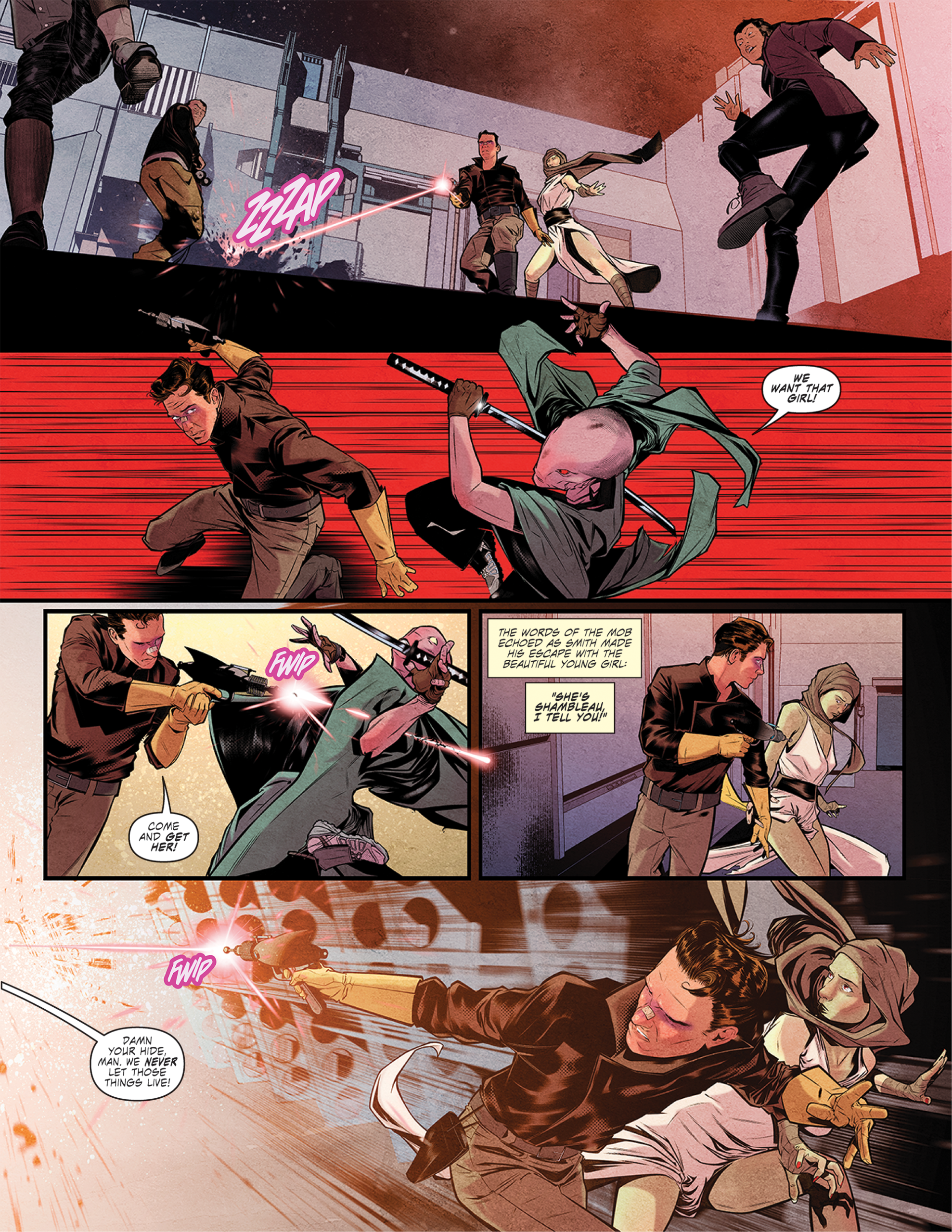 Three people fight two attackers in a modern interior; one attacker wields an electrified baton and another a sword, while dynamic action lines and bright effects emphasize movement.