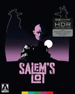 A menacing vampire figure looms over a house at night with a full moon in the background; "Salem's Lot" title is displayed at the bottom.