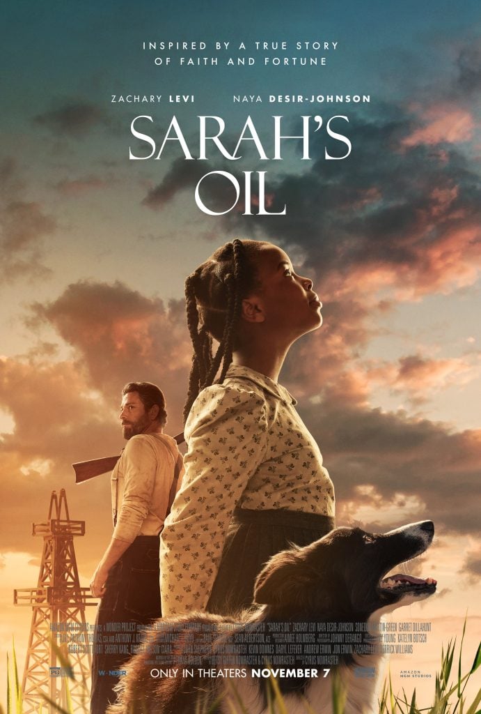 A young girl looks upward with hope as a man and a dog stand nearby; oil rigs and a dramatic sunset fill the background. The movie title "Sarah's Oil" is displayed above.