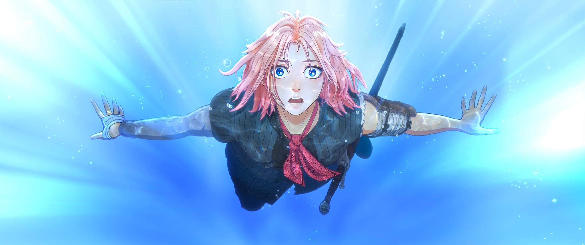 Anime-style character with pink hair and a red scarf floats underwater, looking upward with a surprised expression; blue light rays illuminate the scene.