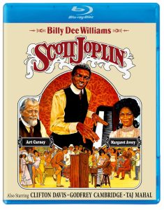 Blu-ray cover for the film "Scott Joplin" featuring Billy Dee Williams, Art Carney, and Margaret Avery, with illustrated portraits and a musical performance scene.