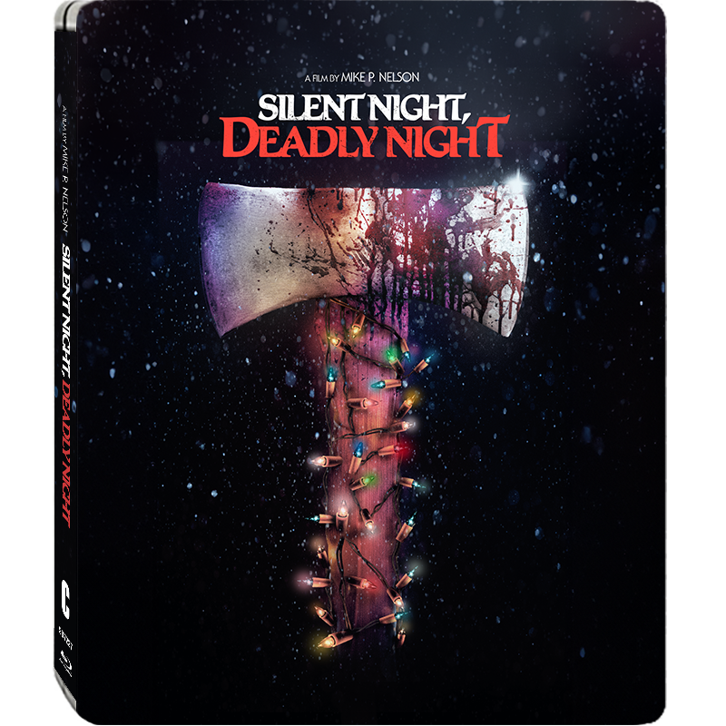 A bloodstained axe wrapped in Christmas lights is featured on the "Silent Night, Deadly Night" movie cover, with the title in bold red and white letters above.