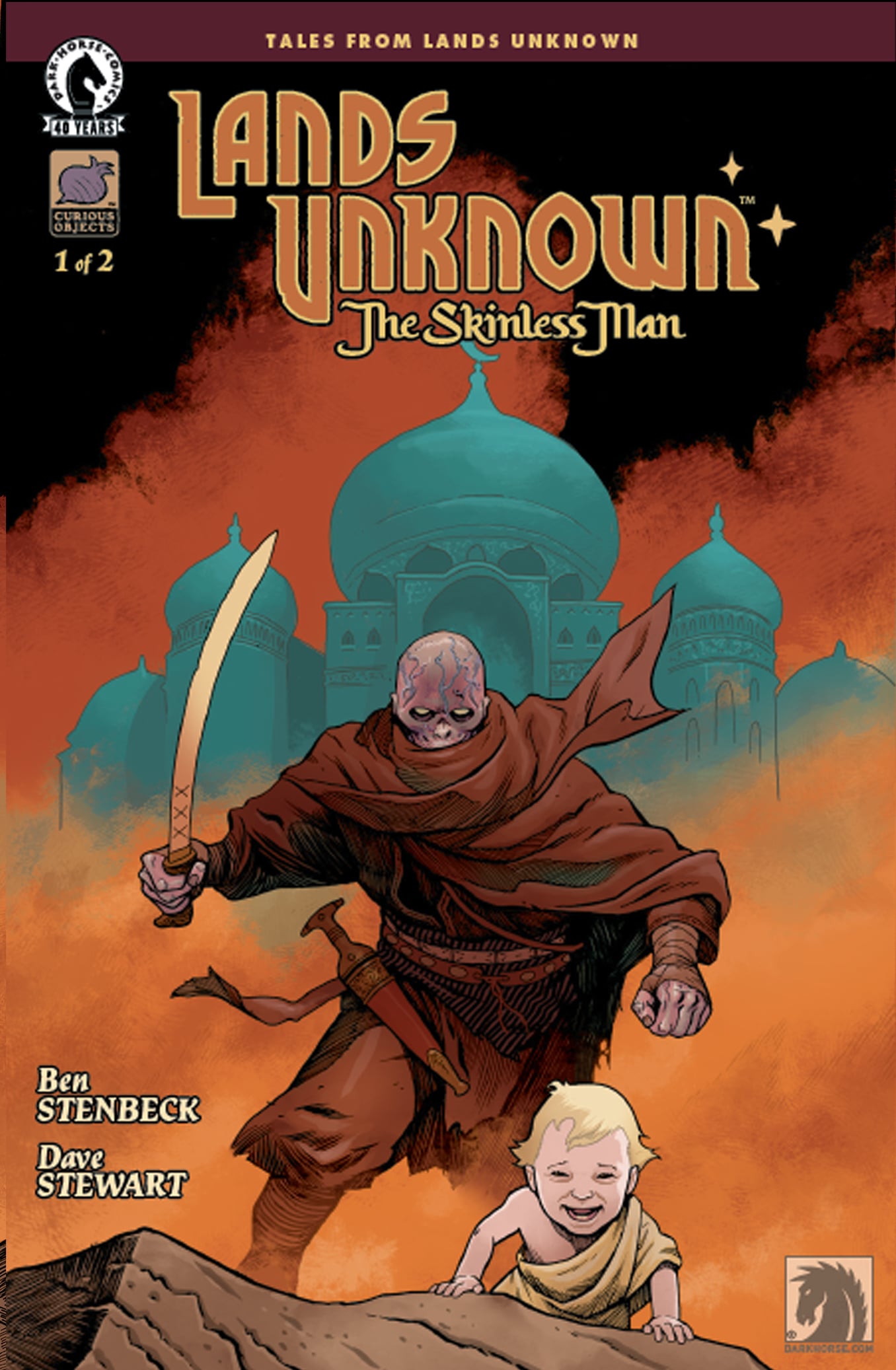 Comic book cover titled "Lands Unknown: The Skinless Man" shows a cloaked figure and a smiling child in front of blue domed buildings under an orange sky.