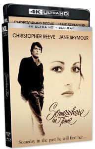 A 4K Ultra HD and Blu-ray case for the film "Somewhere in Time," featuring images of Christopher Reeve and Jane Seymour, with the tagline "Someday in the past he will find her….