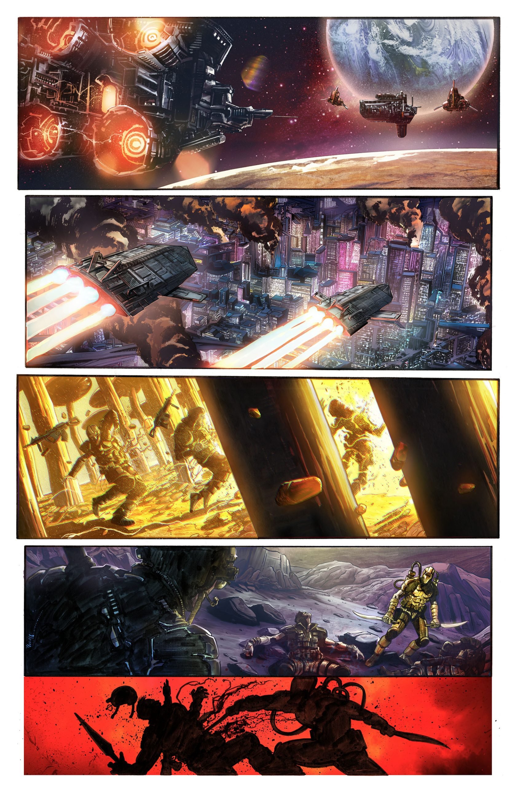 A series of four comic panels showing spaceships near a planet, futuristic city warfare, soldiers in combat, and two figures fighting in a red-lit environment.