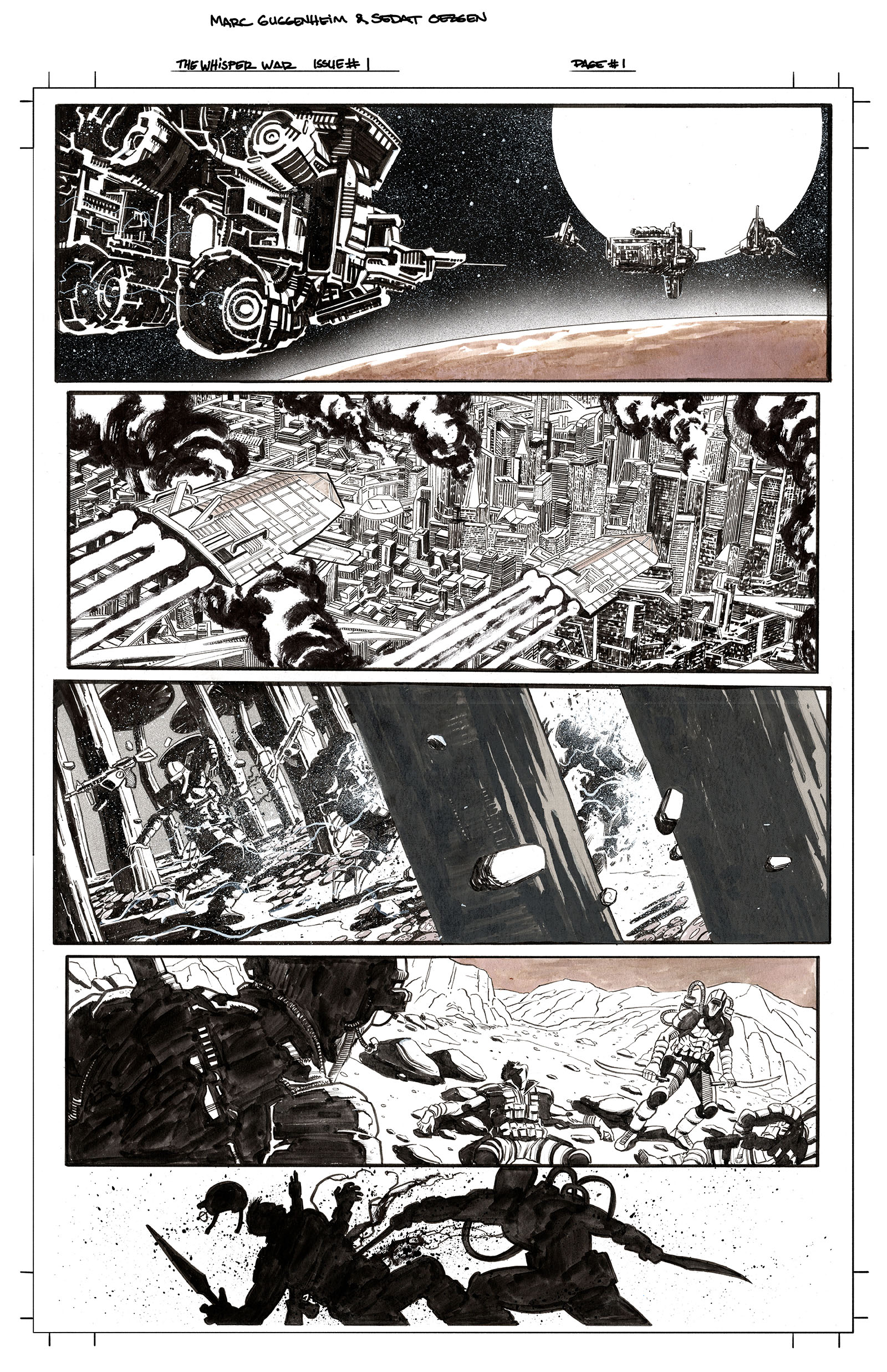 A black-and-white comic page shows a train in space, a futuristic cityscape, buildings crumbling, soldiers running under fire, and armed figures advancing in a rocky landscape.