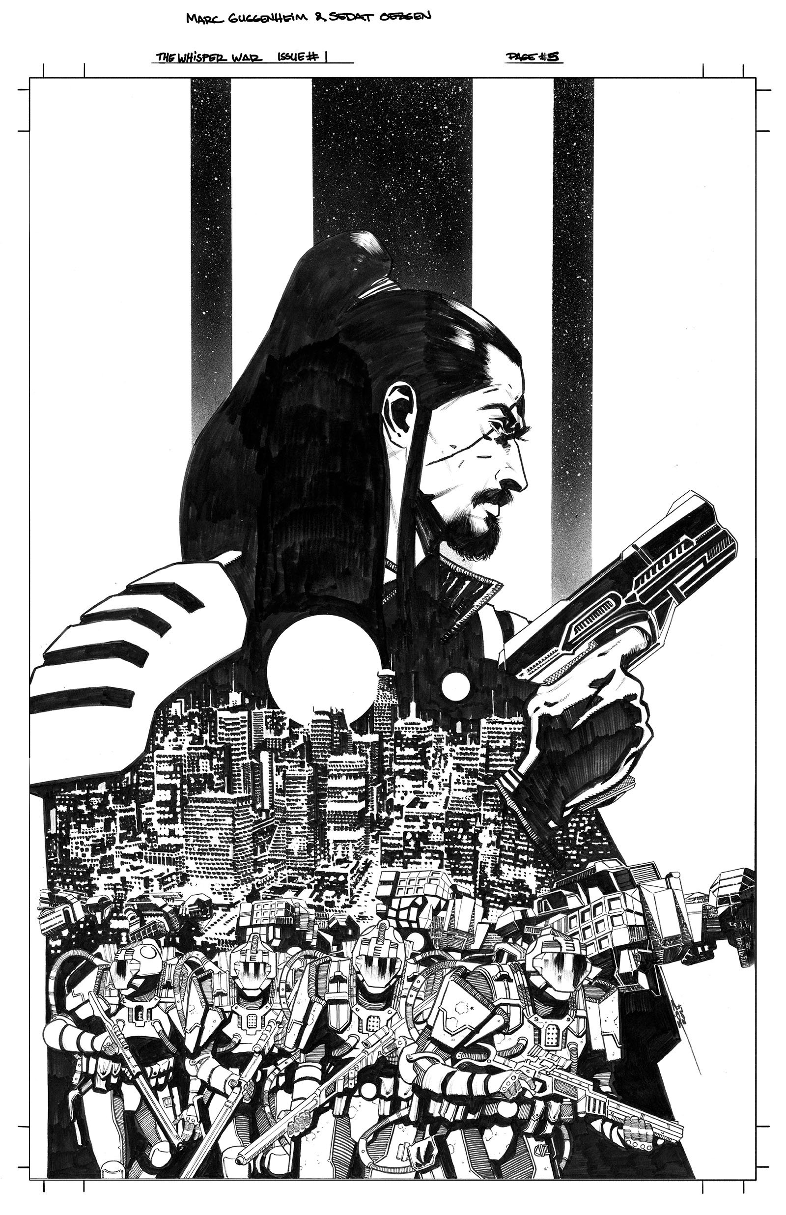 A man with long hair holds a futuristic gun, set against a cityscape and a group of armored soldiers below, in a black-and-white comic book illustration.