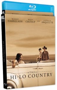 Blu-ray cover of "The Hi-Lo Country" featuring three people in a vintage convertible car, with a sepia-toned background and the film’s title and actors' names displayed.