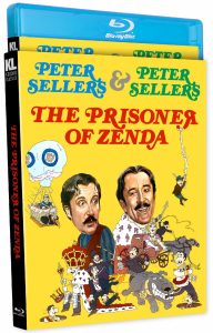 Blu-ray and DVD cover of "The Prisoner of Zenda" featuring illustrated characters and portraits of Peter Sellers on a bright yellow background.
