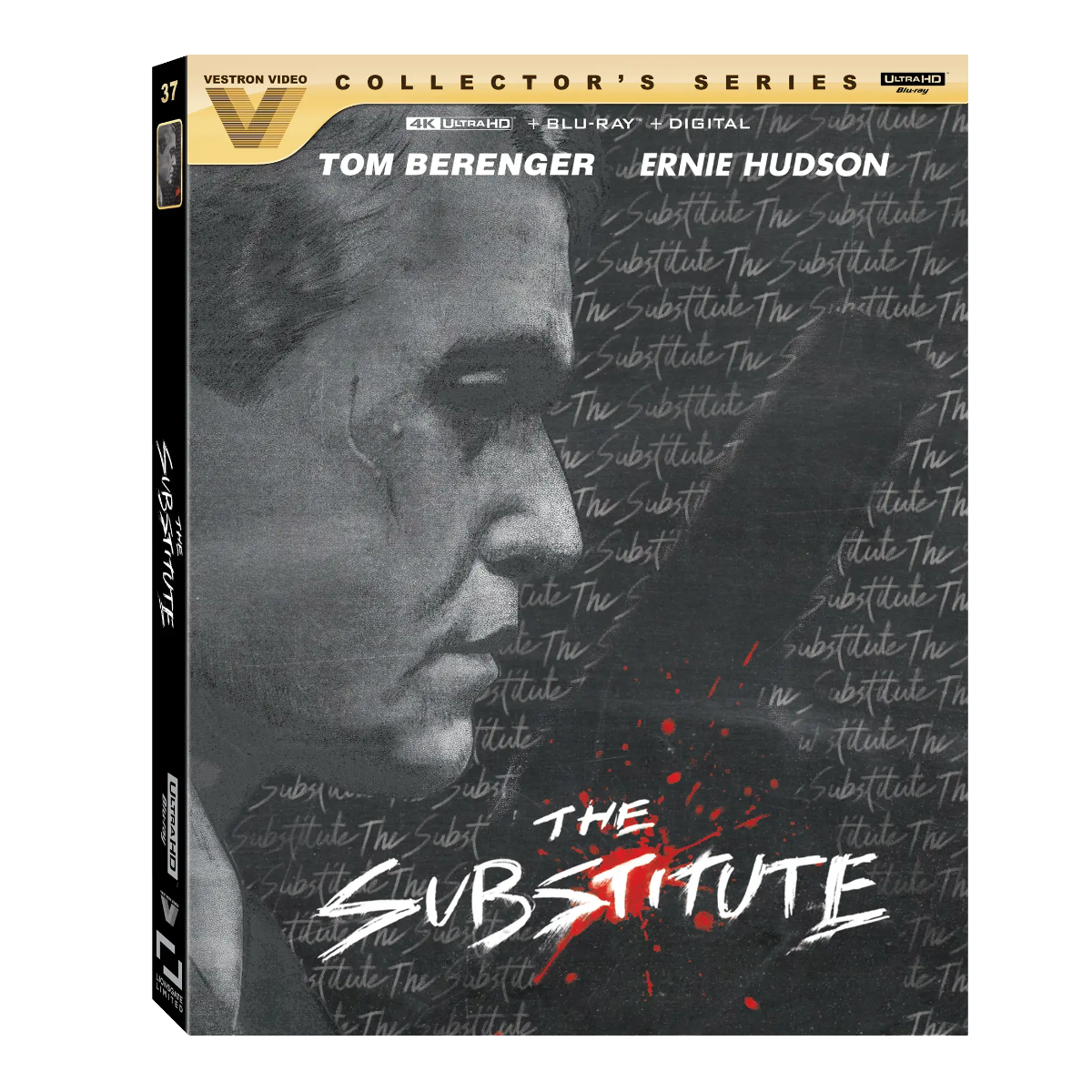 Blu-ray cover for "The Substitute" featuring a grayscale profile of a man’s face with the title in white and red text, and actors Tom Berenger and Ernie Hudson listed at the top.