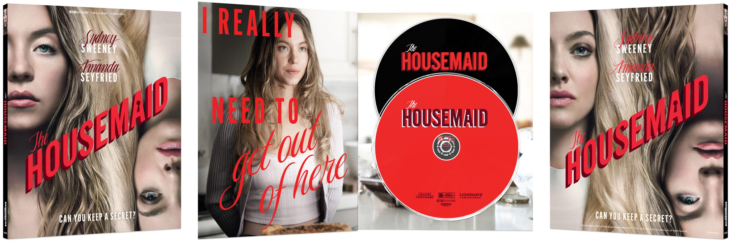 Box set for "The Housemaid" featuring Amanda Seyfried; includes cover, inside art, and disc with red and white text.